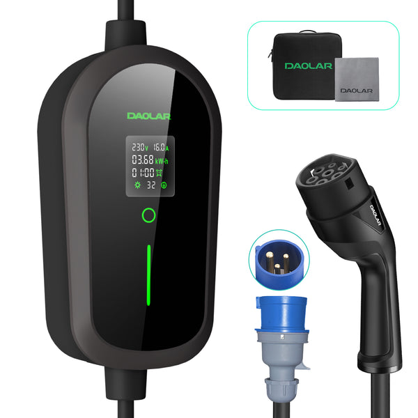 Nabíjecí kabel Daolar typu 2 s konektorem CEE 7,4 kW [1 fáze | 5 m | 6–32 A] s nastavitelným nabíjecím výkonem, nabíječka elektromobilů a mobilní nabíjecí stanice / nástěnná skříňka pro ID.3, ID.4, ID.5, Model Y / 3, e-up, e-tron, Zoe.